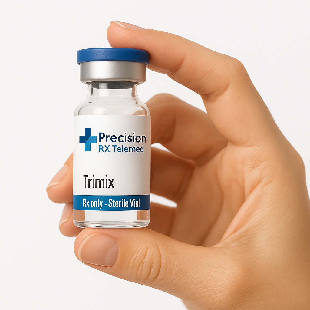 Hand holding a Precision RX Telemed Trimix sterile vial